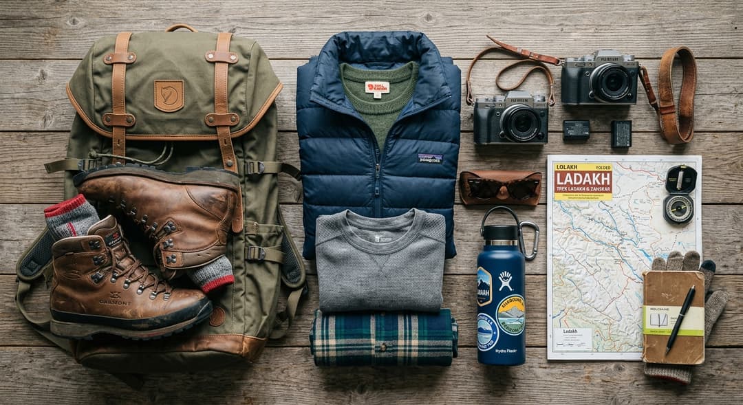Flat lay of travel essentials for Ladakh: backpack, hiking boots, warm clothes, camera, sunglasses, water bottle, and map in earthy tones.